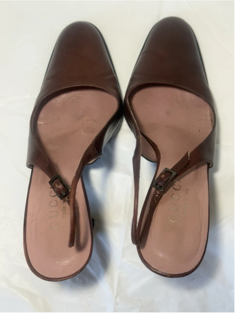 GUCCI Slingback Heels Closed Toe Brown Leather Shoes Sandals US 7 EU 37 C